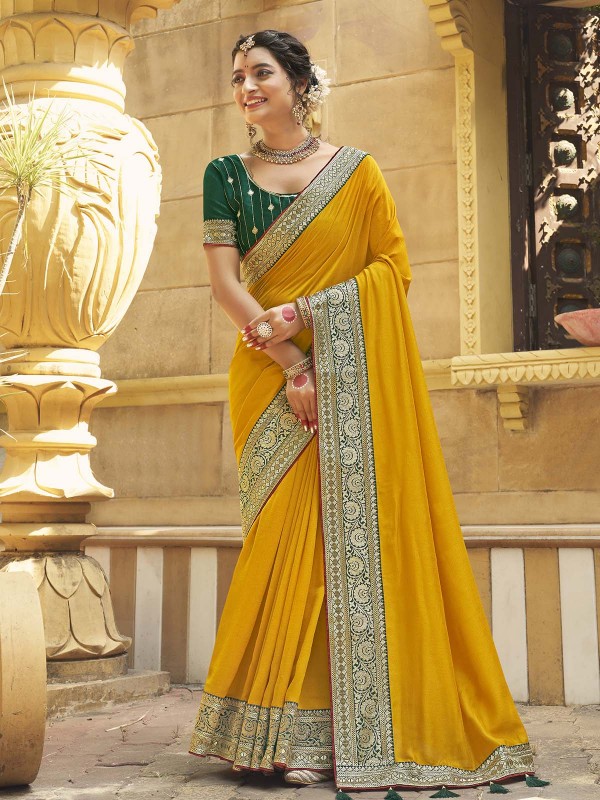 Yellow Vichitra Silk Embroidered Saree